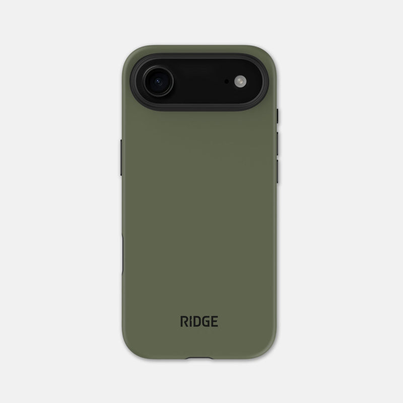 Ridge Phone Case for iPhone Air in matte olive, back view showing camera cutout and Ridge logo.